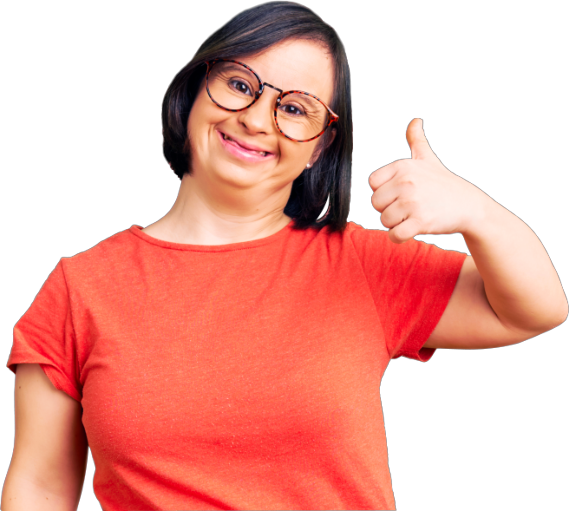 Woman with special needs thumbs up at the camera